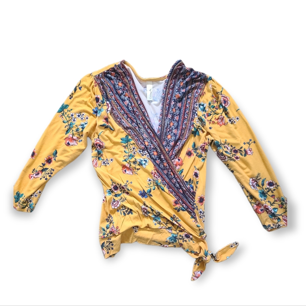 Loveappella Yellow Floral Wrap Top